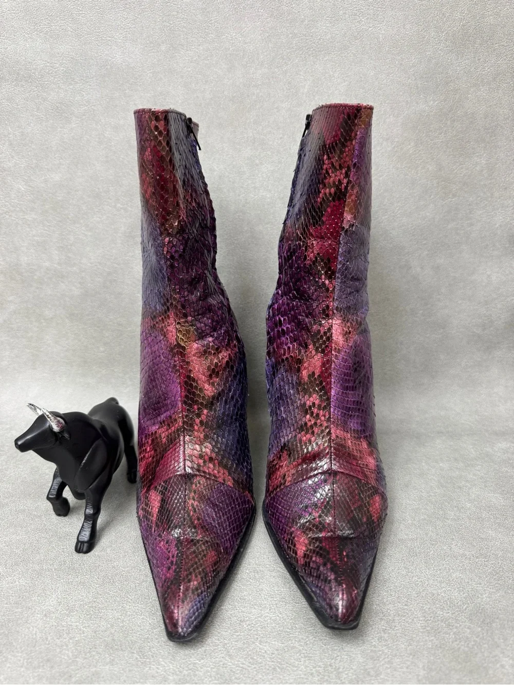 Mario Valentino Purple & Red Snakeskin Pointed-Toe Ankle Boots